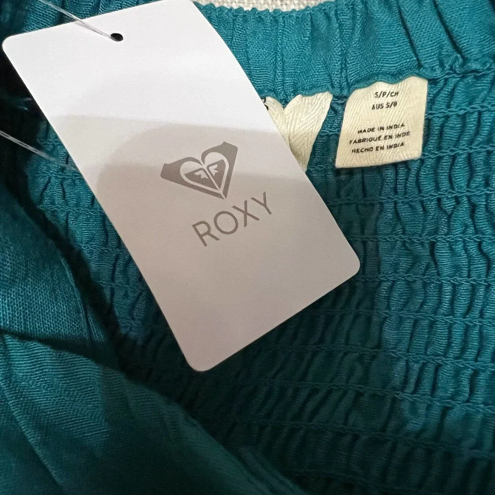 ROXY NWT Mind Trip Jumpsuit Sz S Biscay Bay Teal Waist Tie Smocked Back Linen Bl - Picture 5 of 6